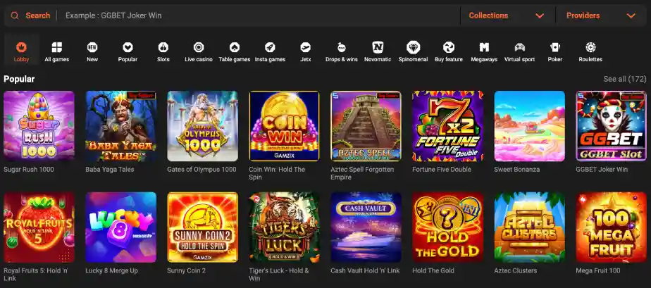 Игровое лобби казино GGBet