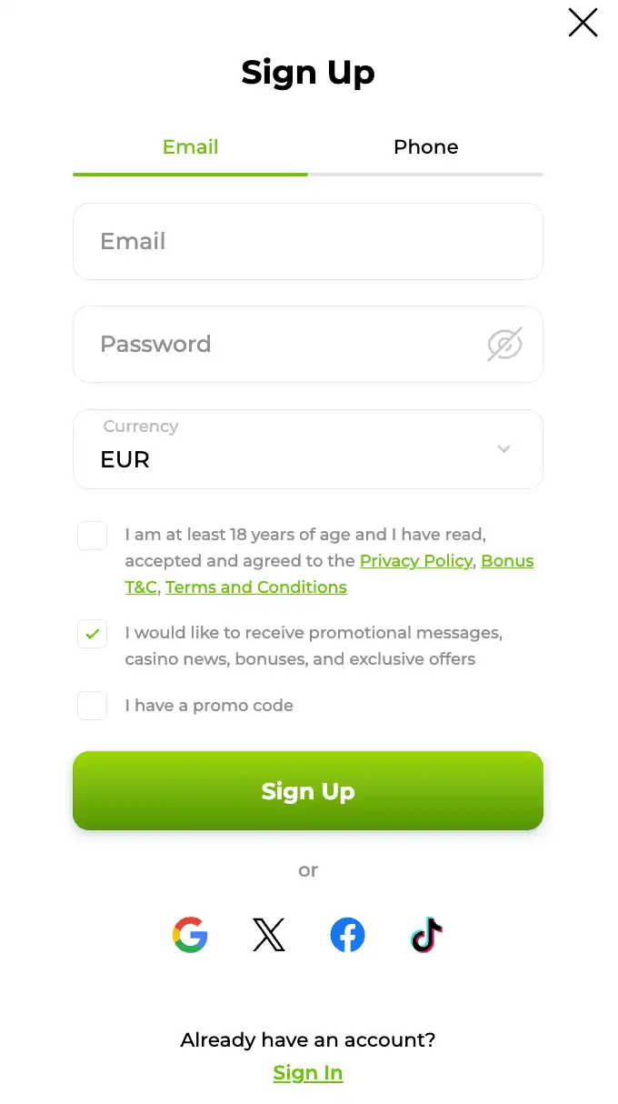 Verde Casino registreerimise aken