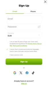окно регистрации Verde Casino